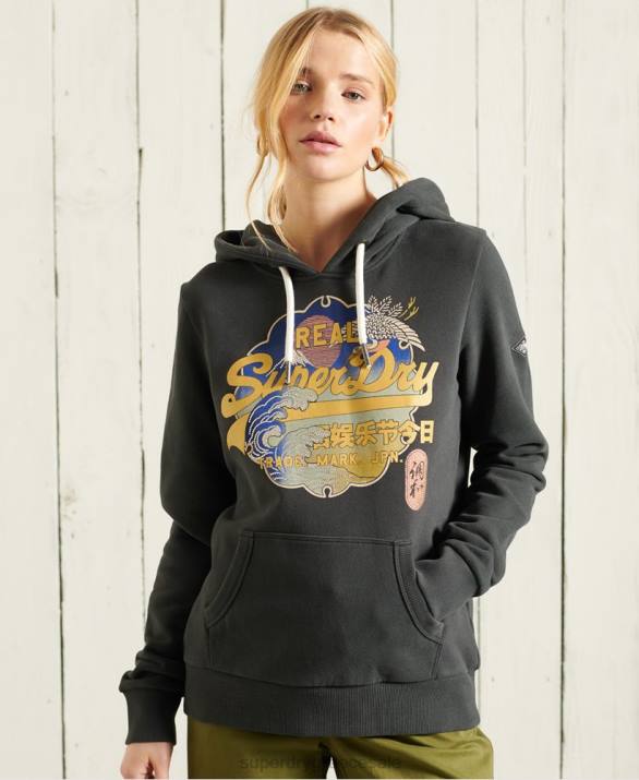 vintage λογότυπο loopback hoodie γυναίκες είδη ένδυσης σκούρο γκρι Superdry L02L6178