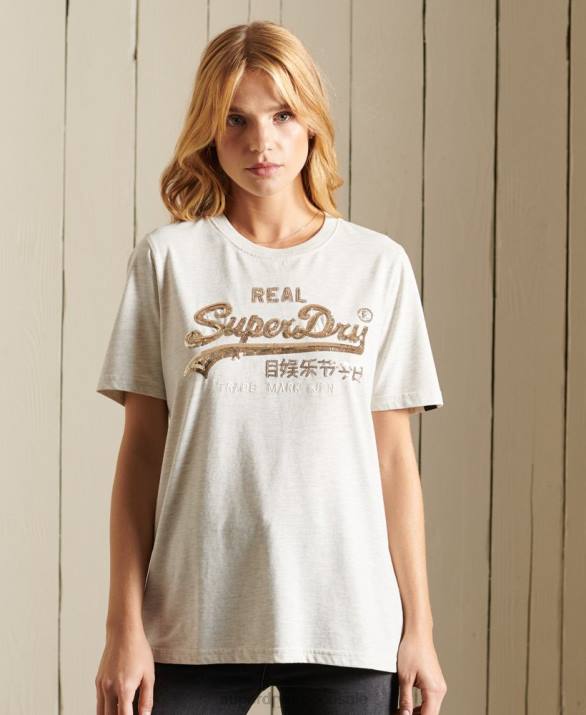 vintage λογότυπο boho sparkle t-shirt γυναίκες είδη ένδυσης μπεζ Superdry L02L6774