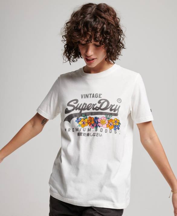 vintage logo premium floral t-shirt γυναίκες είδη ένδυσης κρέμα Superdry L02L2684