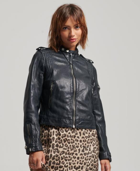 vintage δερμάτινο moto racer jacket γυναίκες είδη ένδυσης σκούρο γκρι Superdry L02L2042
