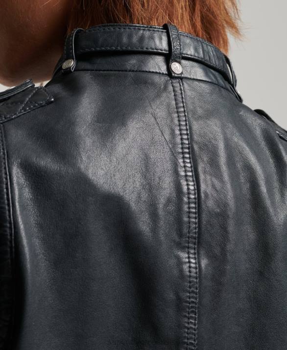 vintage δερμάτινο moto racer jacket γυναίκες είδη ένδυσης σκούρο γκρι Superdry L02L2042