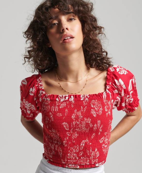 vintage ecovero smocked crop top γυναίκες είδη ένδυσης το κόκκινο Superdry L02L6706