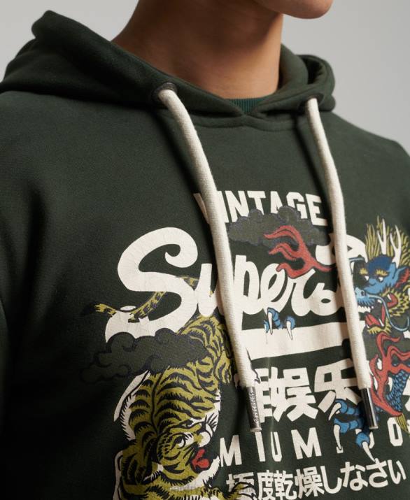 vintage λογότυπο ξεβουρτσισμένο αφηγηματικό hoodie άνδρες είδη ένδυσης πράσινος Superdry L02L884